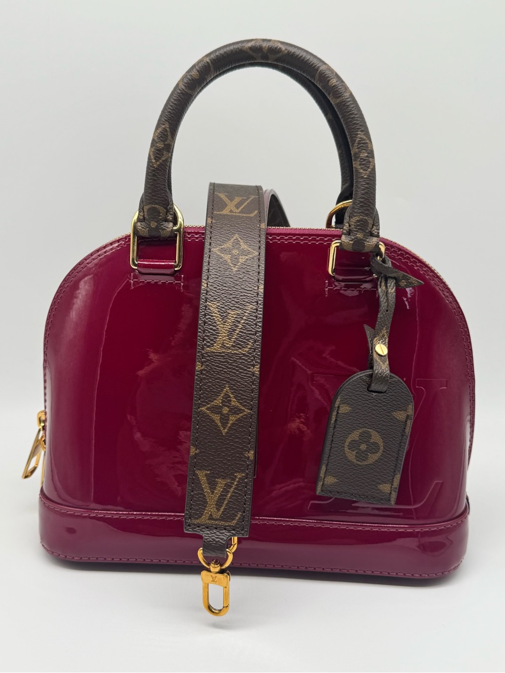 Louis Vuitton Alma BB Vernis Satchel in Deep Cherry with Monogram Strap